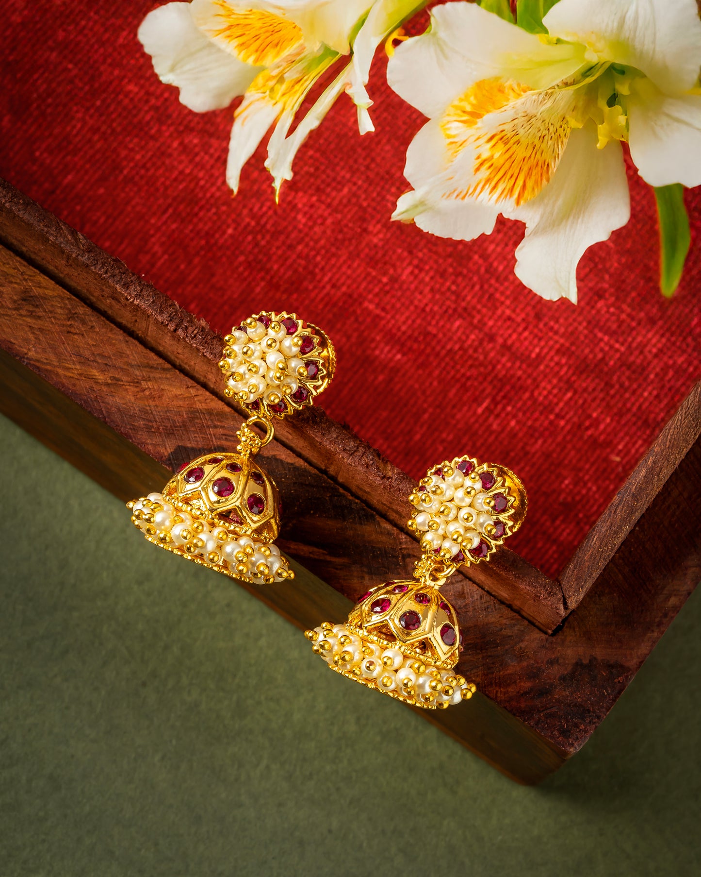 Traditional 1 Gram Gold-Plated Jhumka Earrings (Bellimoda Jhumka) with Pearls & Red Stones || M - Size