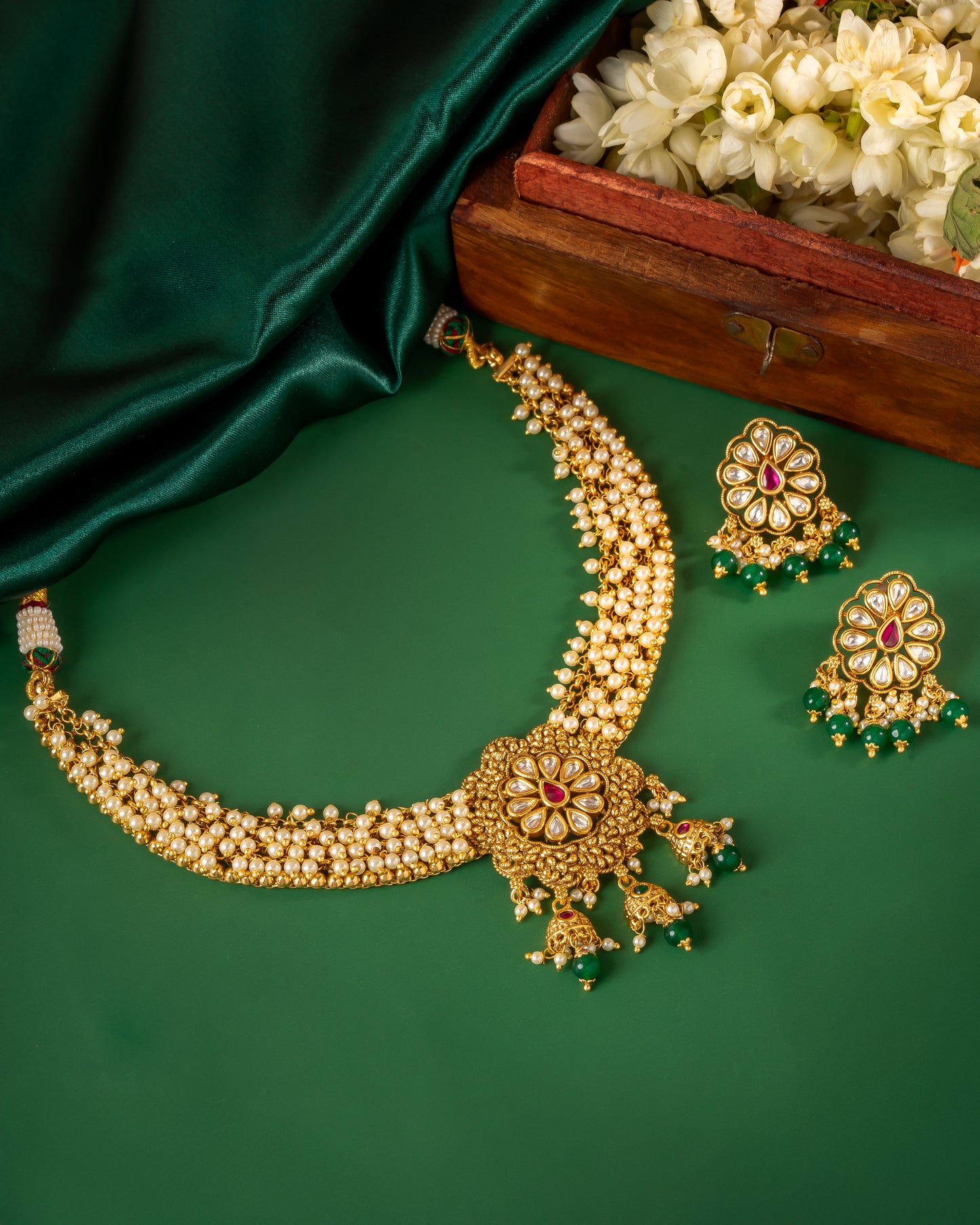 Kundan Pearl Choker Necklace Set with Floral Pendant & Earrings