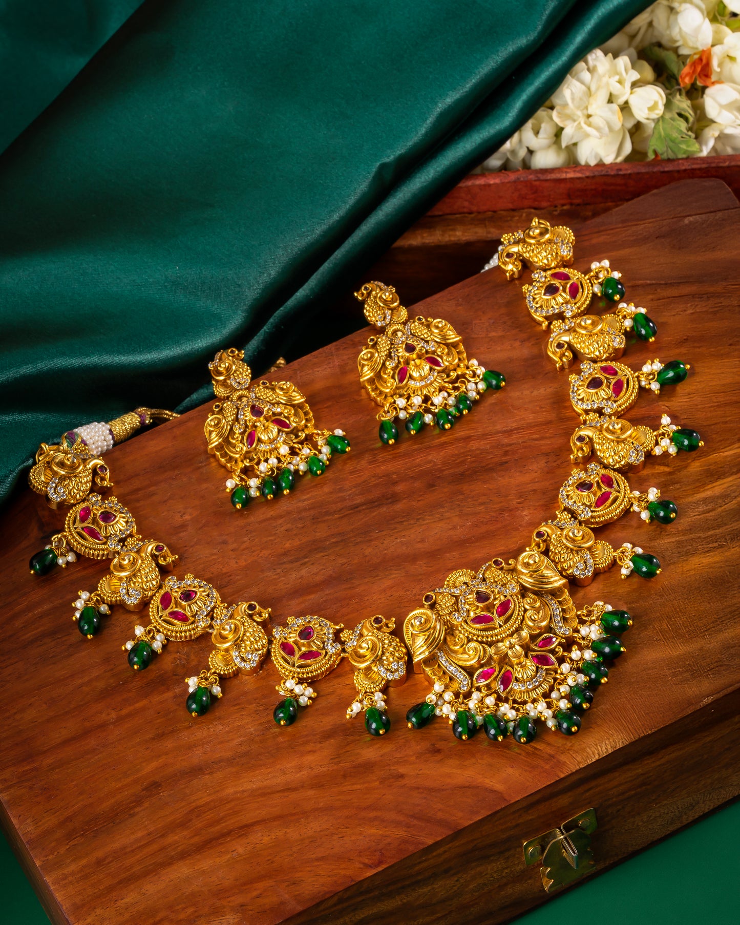 Traditional Jadau Peacock Necklace Set with Ruby, Emerald, Pearl Drops and Screw Back Earrings
