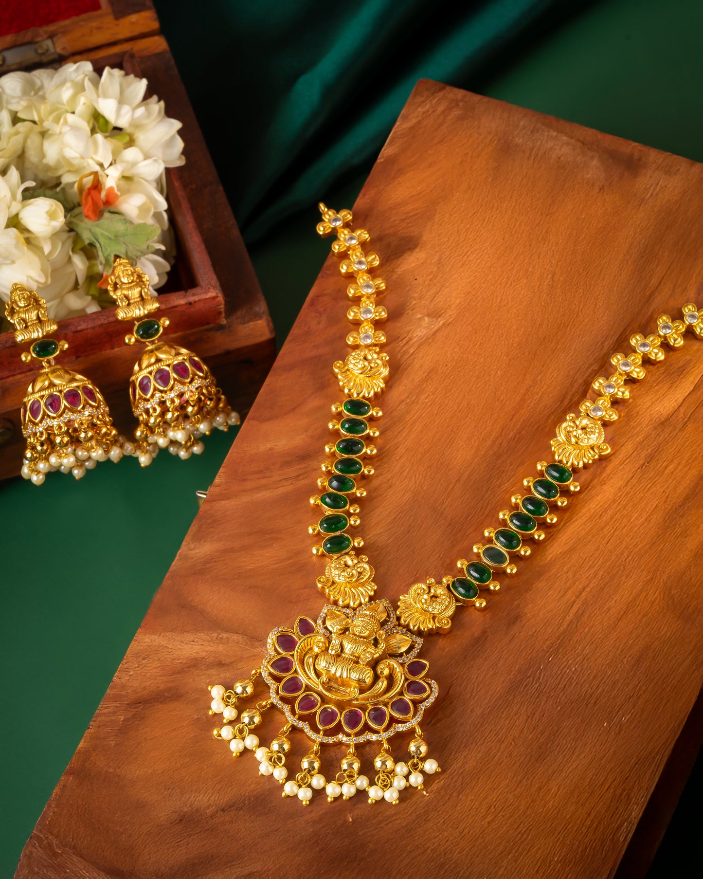 Antique Temple Necklace with Lakshmi Pendant & Jhumka Earrings