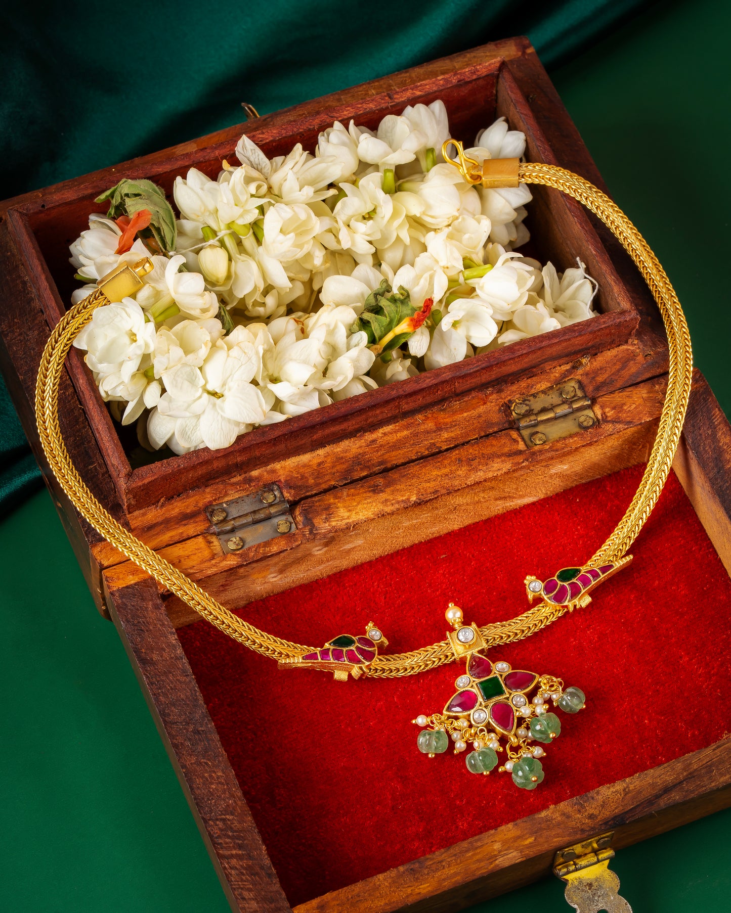 Traditional Jadau Peacock Choker Necklace with Floral Pendant & Beads