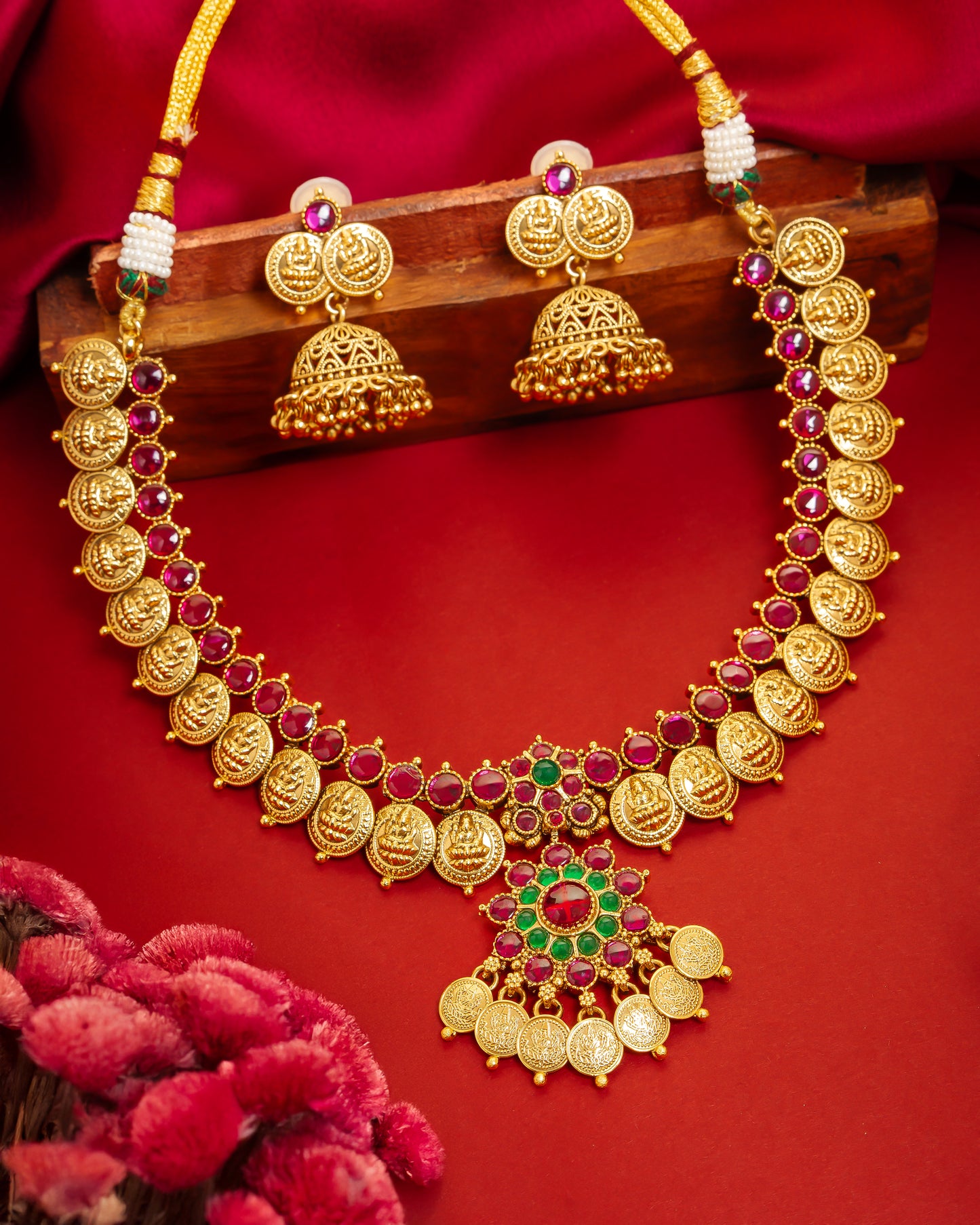Traditional Lakshmi Coin Necklace Set with Ruby & Emerald Stones