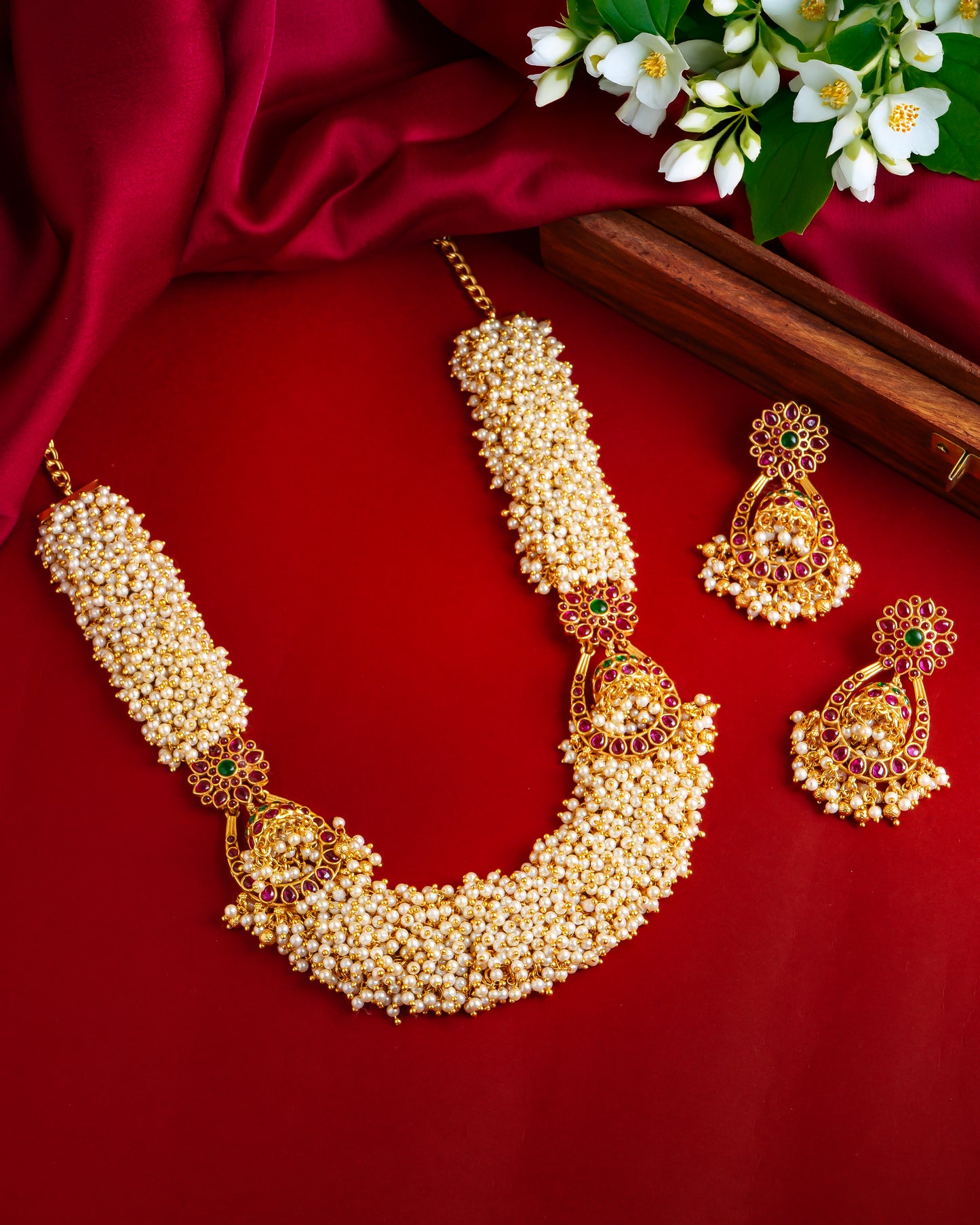 Bridal Pearl Cluster Necklace with Antique Floral Accents & Chand Bali Earrings