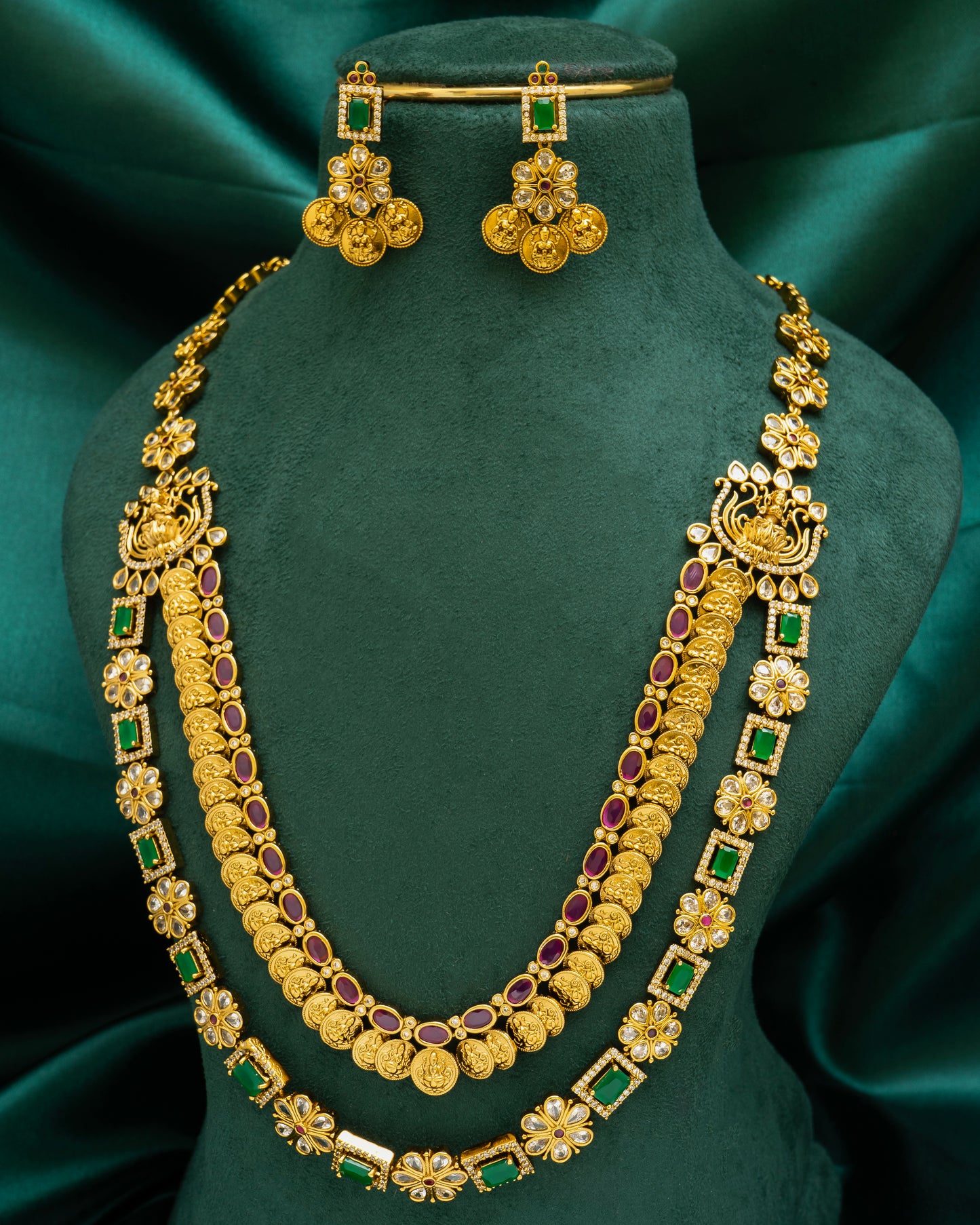 Antique Kasu Mala with Ruby & Emerald Accents with Earrings