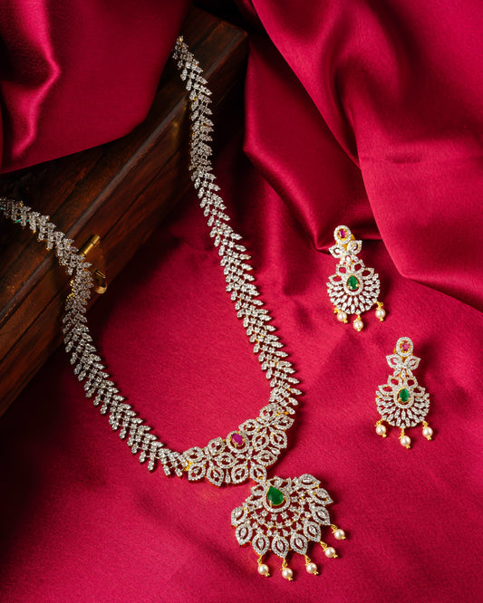 Long Bridal Diamond Look Necklace Set with Green Stone & Pearl Drops