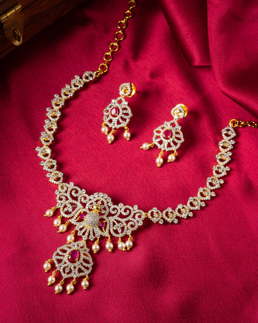 Short Bridal Diamond Look Necklace Set with Ruby Stone & Pearl Drops