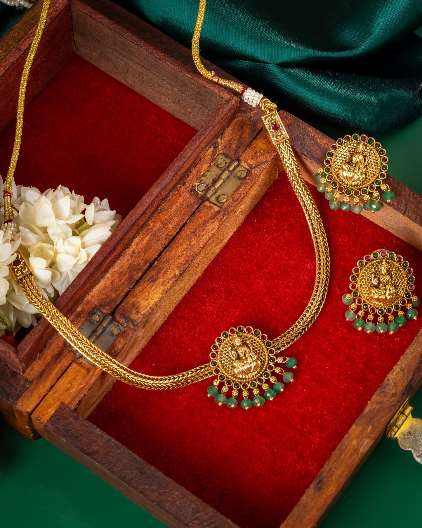 Temple Jewellery Choker with Goddess Lakshmi Pendant & Matching Earrings