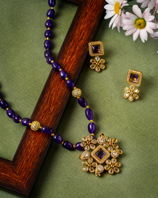 Royal Purple Bead Necklace Set with Floral Pendant