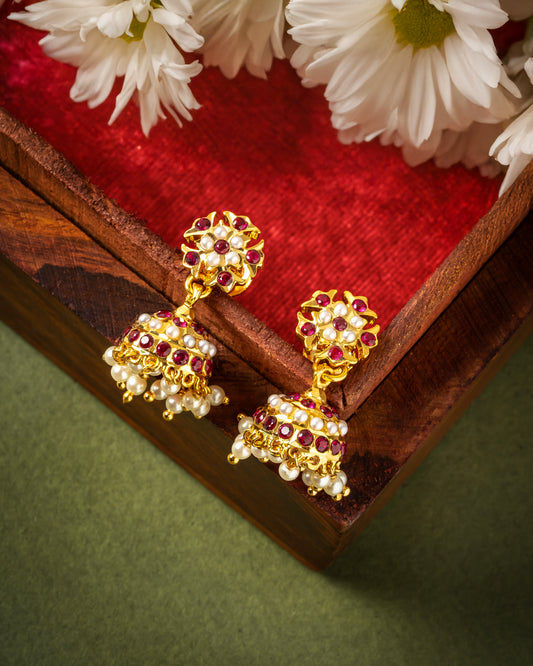 Elegant 1 Gram Gold-Plated Pearl & Ruby Jhumka Earrings