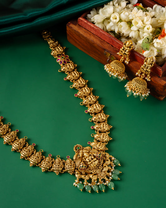Antique Temple Jewellery Necklace Set with Lakshmi Motifs & Jhumka Earrings