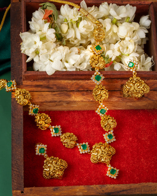 Antique Temple Necklace with Emerald Stones & Matching Earrings