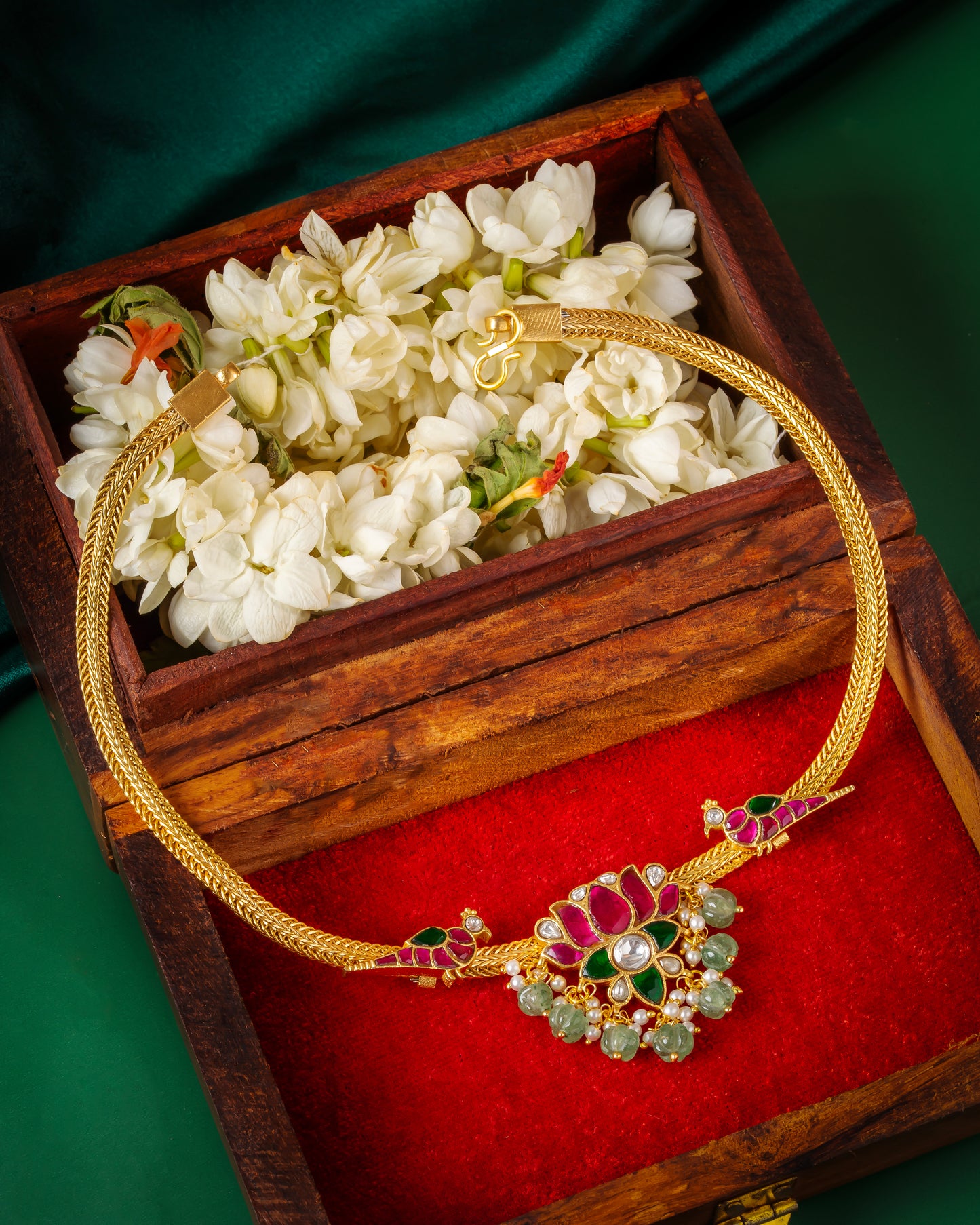 Traditional Jadau Peacock Choker Necklace with Lotus Pendant & Beads