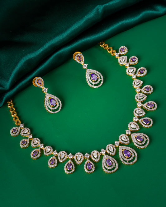 Elegant Diamond Replica Necklace Set with Purple Teardrop Stones