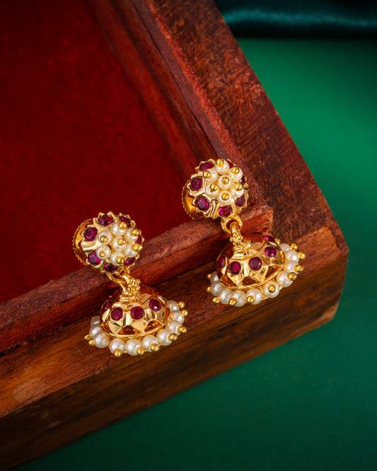 Traditional 1 Gram Gold-Plated Jhumka Earrings (Bellimoda Jhumka) with Pearls & Red Stones || S - Size
