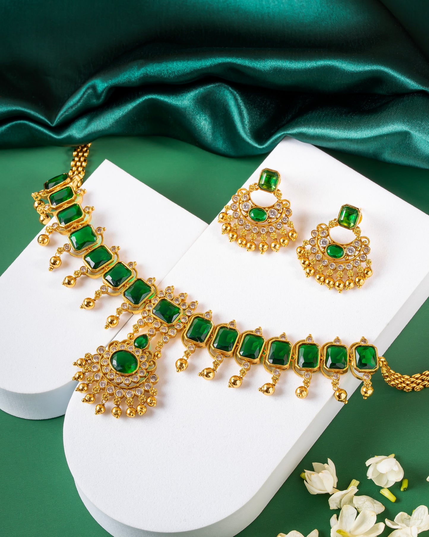 Royal Green Stone Choker Necklace with Chand Bali Earrings