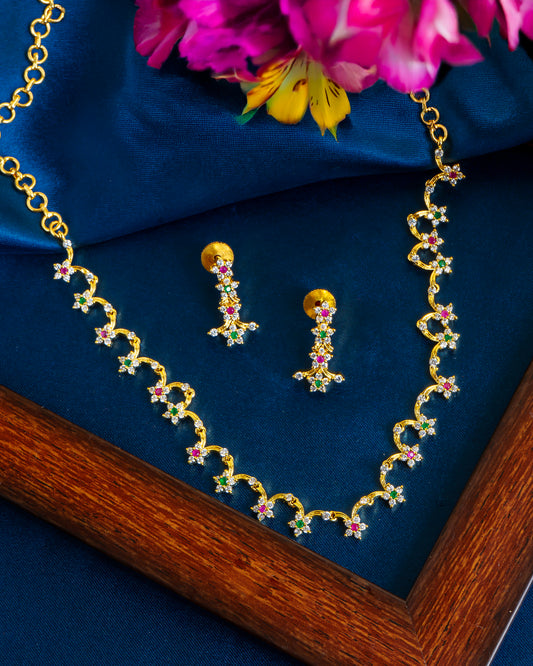 Traditional Gold-Plated Floral Necklace Set with Earrings – Multi-Color Stones