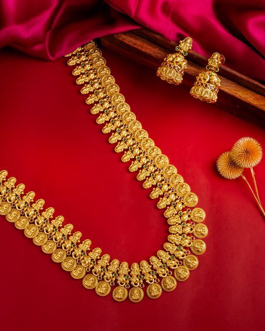 Antique Temple Jewellery Coin Necklace with Jhumka Earrings
