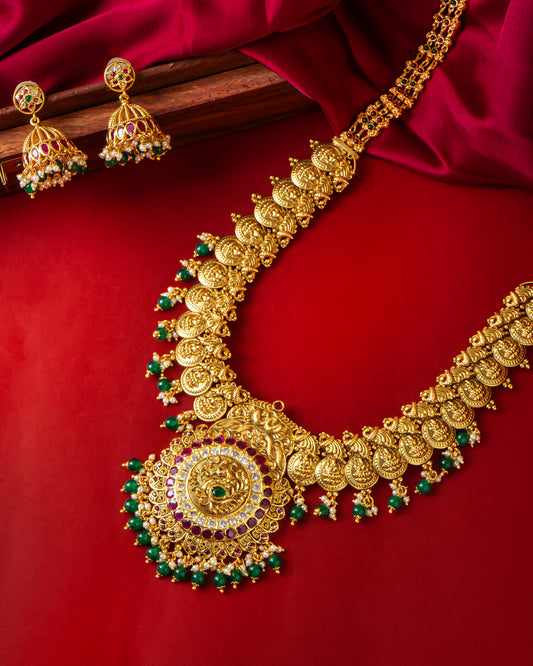 Temple Jewellery Pure Gold Replica Coin Necklace with Grand Pendant & Jhumka Earrings