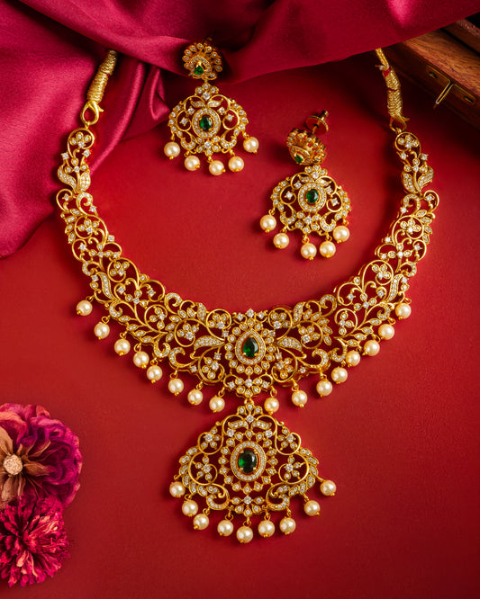 Bridal Antique Choker Necklace with AD Stones, Emerald Stones & Pearl Drops