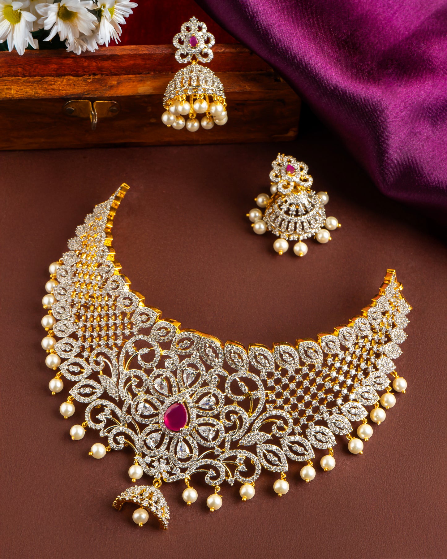 Bridal Diamond Replica Choker with Two-Toned Polish, Pearl Drops & Jhumkas