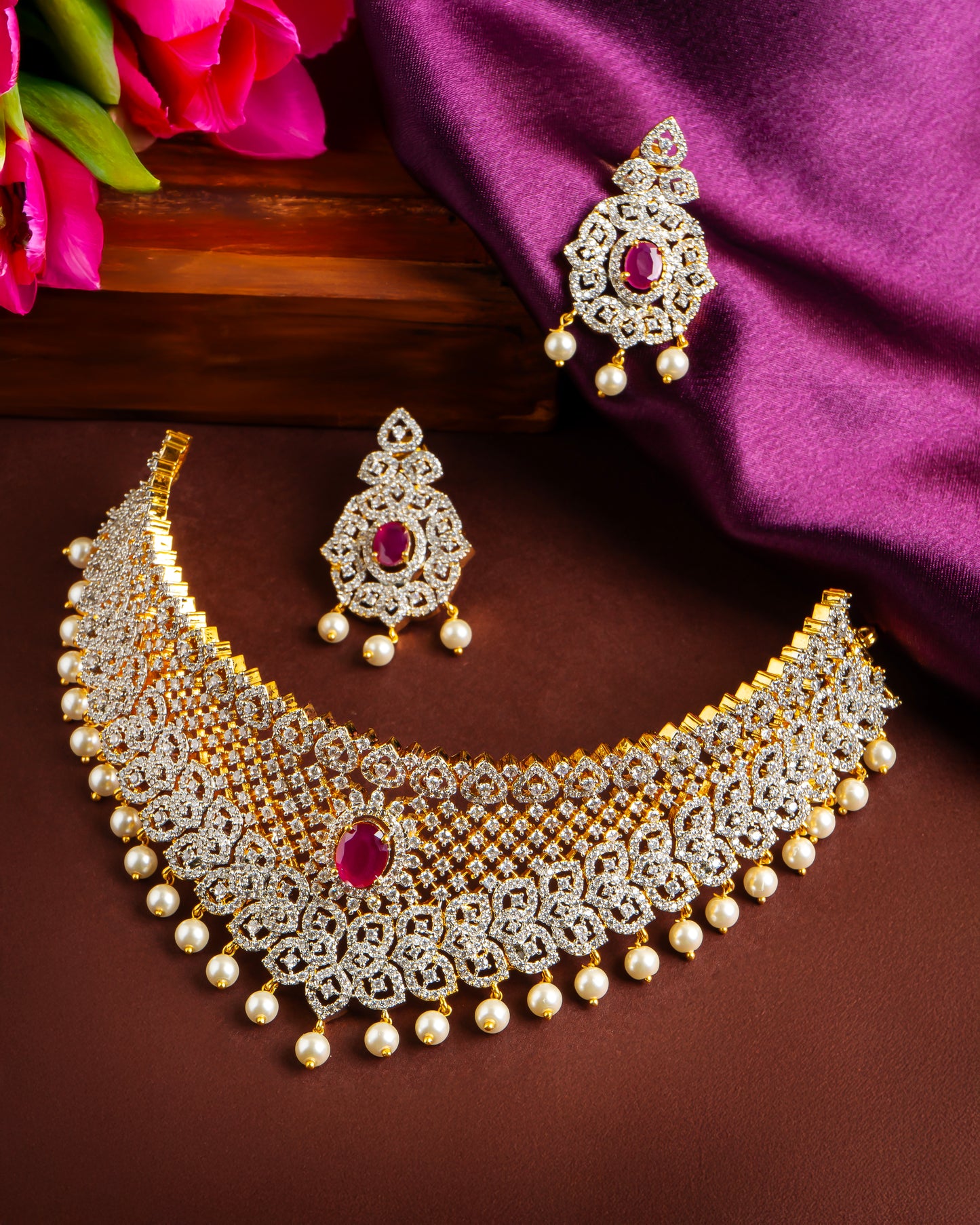Bridal Diamond Replica Choker with Two-Toned Polish, Pearl Drops & Jhumkas