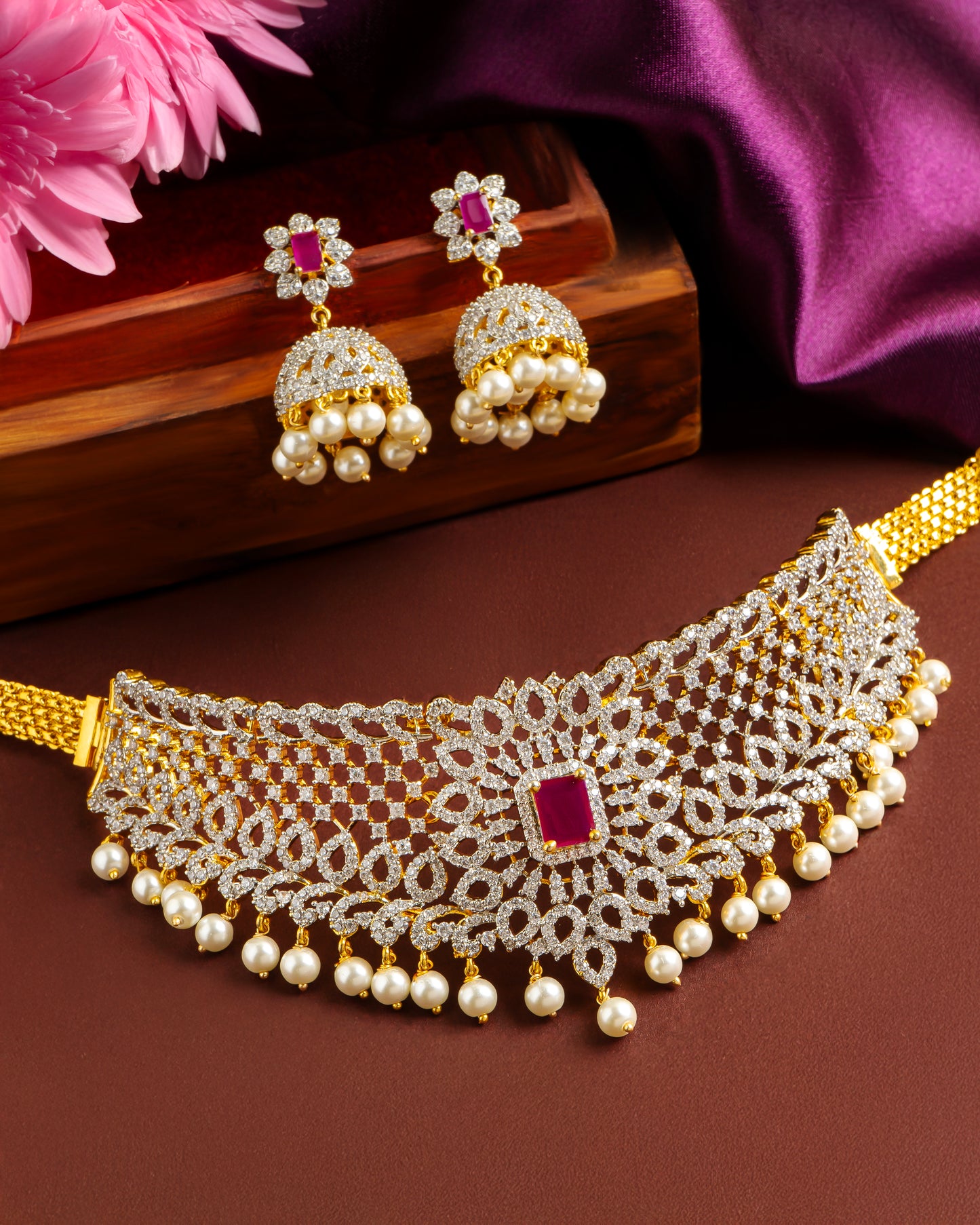 Bridal Diamond Replica Choker with Two-Toned Polish, Pearl Drops & Jhumkas
