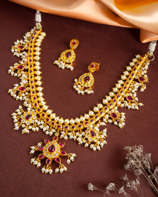 Beautiful Guttapusalu Necklace Set with Ruby Stones & Pearls with Earrings