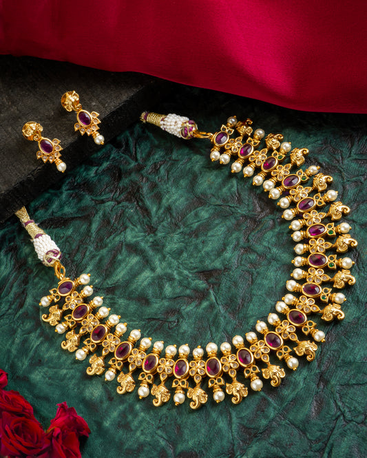 Antique Guttapusalu Necklace with Ruby Stones and Pearls