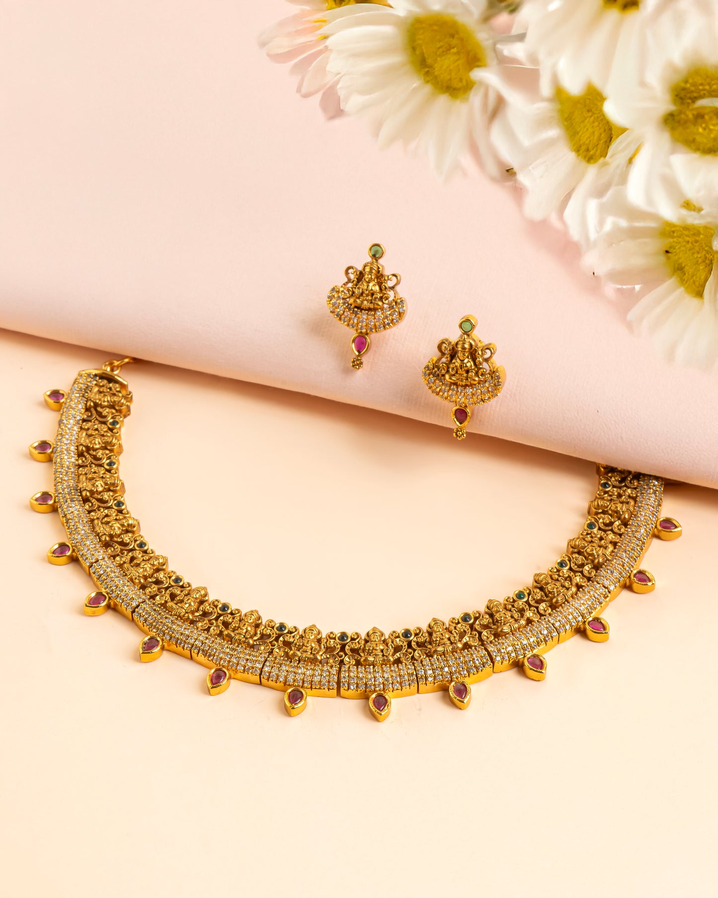 Antique Choker Necklace with Ruby Drops and Screw Back Earrings