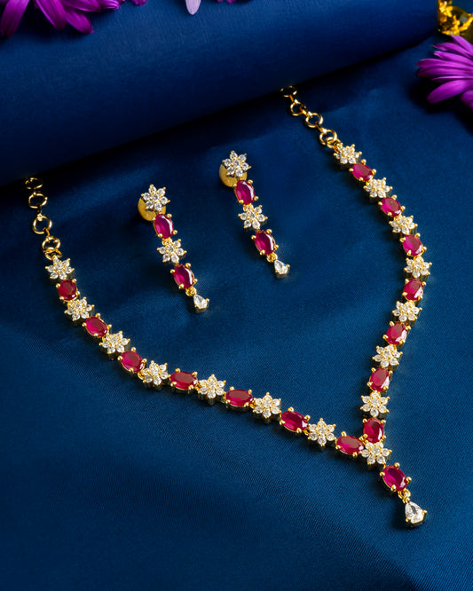 Ruby & Diamond-Style Necklace with Push Back Earrings