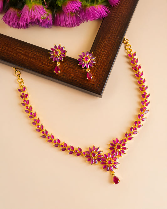 Floral Ruby Stone Necklace with Earrings