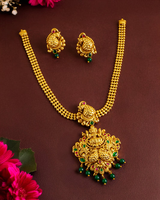 Jadau Lakshmi Pendant Chain with Push Back Peacock Earrings