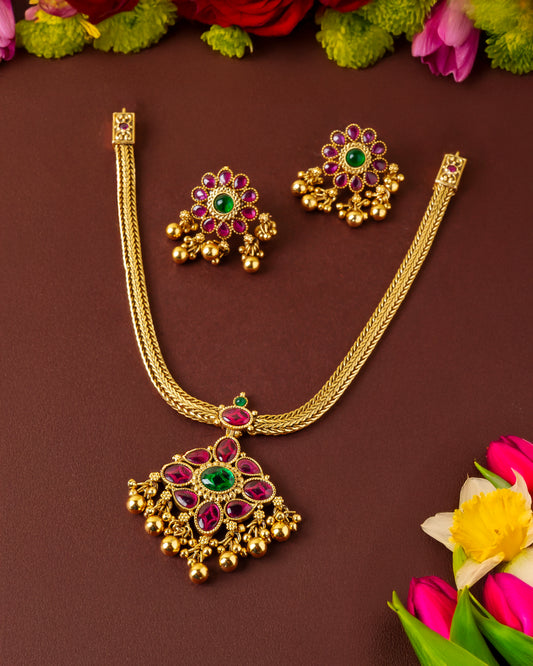 Traditional Ruby and Emerald Floral Pendant Necklace with Push Back Earrings