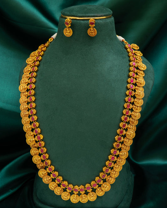 Antique Kasu Haram with Ruby Stones with Earrings