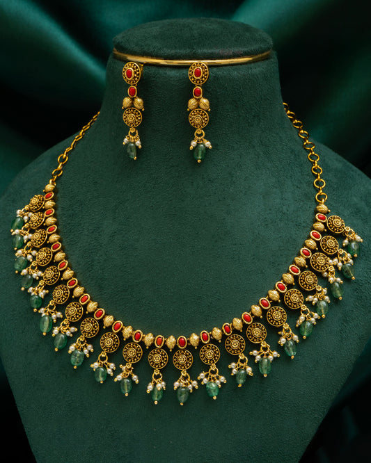 Antique Gold-Toned Necklace Set with Earrings.