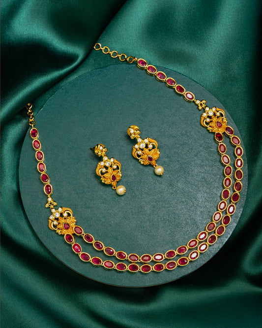 Two-Layered Gold-Toned Ruby Necklace set with Earrings