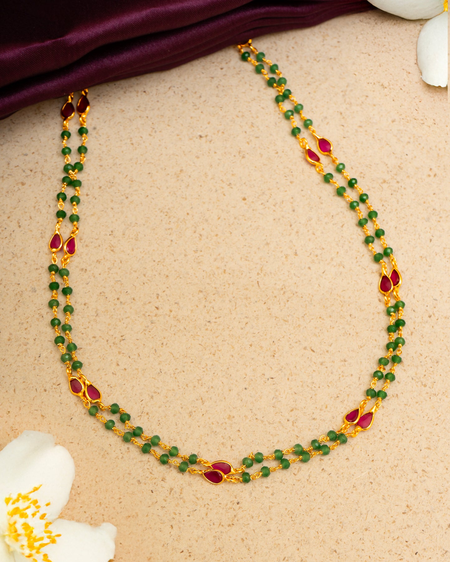 Green Beads Long Mala with Ruby Enamel Drops