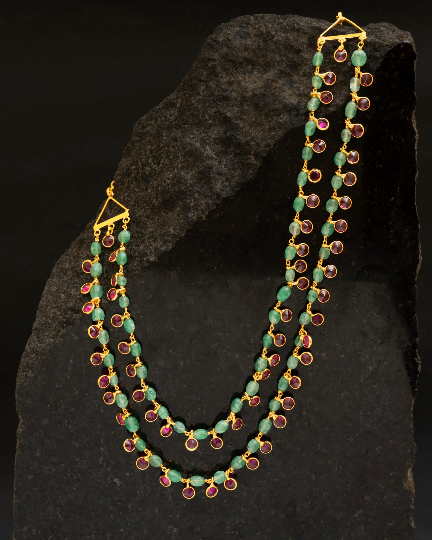 Double-Layered Emerald & Ruby Stone Beaded Necklace