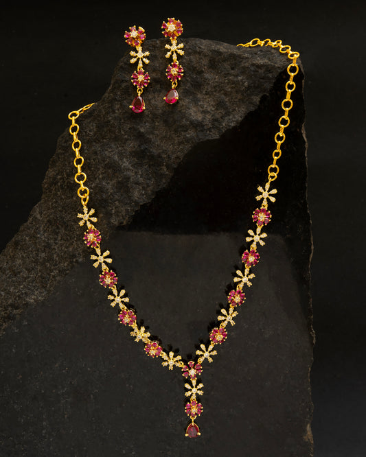 Floral CZ Ruby Necklace with Earrings