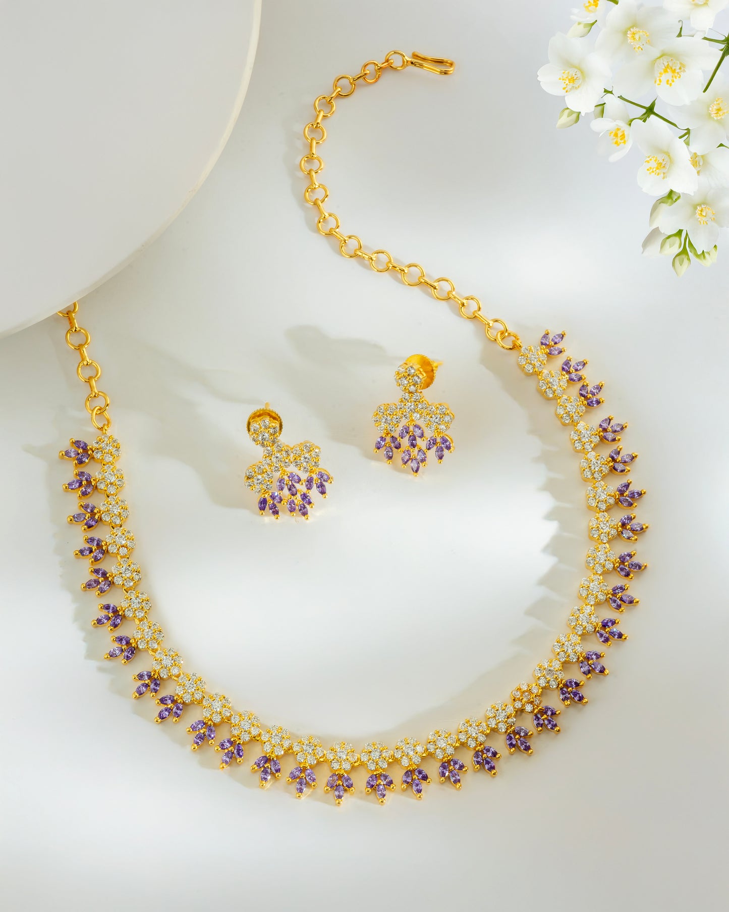 Purple CZ Stone Necklace with Earrings