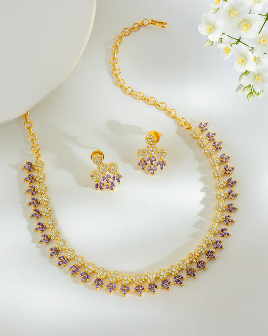Purple CZ Stone Necklace with Earrings